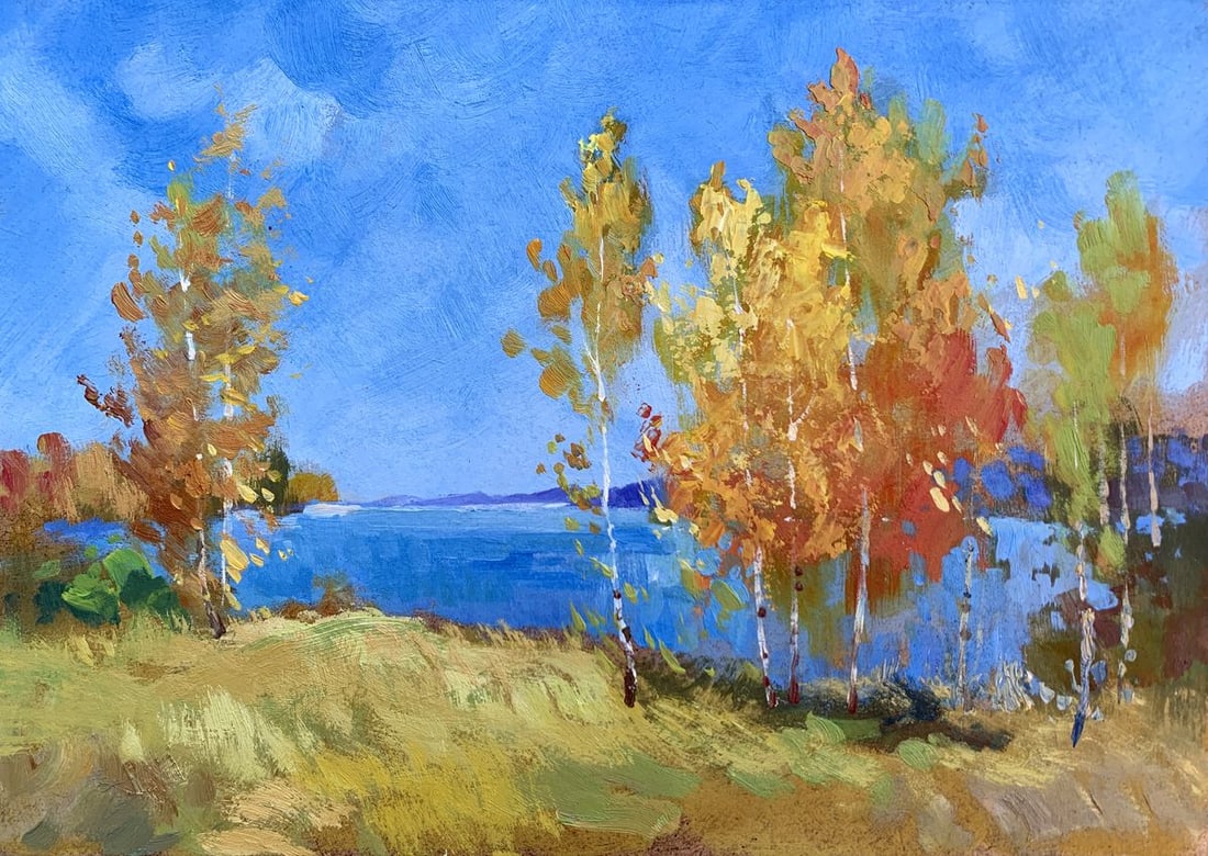 Oil painting Early autumn morning Yuriy Suprunchuk: Title: Oil painting Early autumn morning Yuriy Suprunchuk Description: №AAA3646 The painting "Early Autumn Morning" captures the serene beauty and gentle transformation of nature as summer trans
