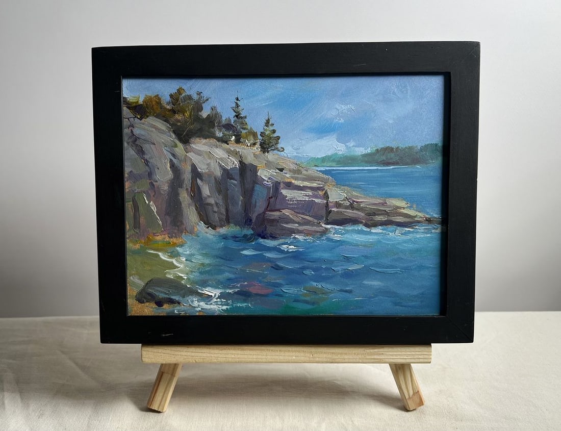 Oil painting Cloudy day at sea Yuriy Suprunchuk: Title: Oil painting Cloudy day at sea Yuriy Suprunchuk Description: №AAA4157 This oil painting titled "Cloudy Day at Sea," portrays a rugged coastal scene where imposing rocky cliffs meet the re