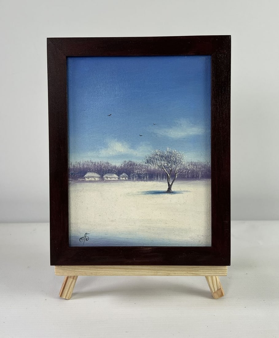 Oil painting Winter cold landscape at dawn Andrei Bagno: Title: Oil painting Winter cold landscape at dawn Andrei Bagno Description: №AAA5058 The oil painting on Canvas titled "Winter Cold Landscape at Dawn" captures the stillness and solemn beauty of