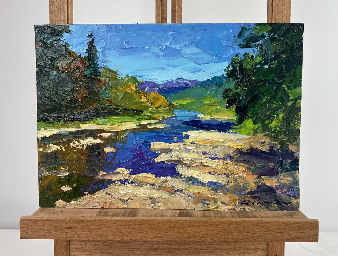 Oil painting River against the backdrop of mountain slopes Boris Serdyuk: Title: Oil painting River against the backdrop of mountain slopes Boris Serdyuk Description: №AAA4766 The oil painting on Cardboard titled "River against the backdrop of mountain slopes" capture
