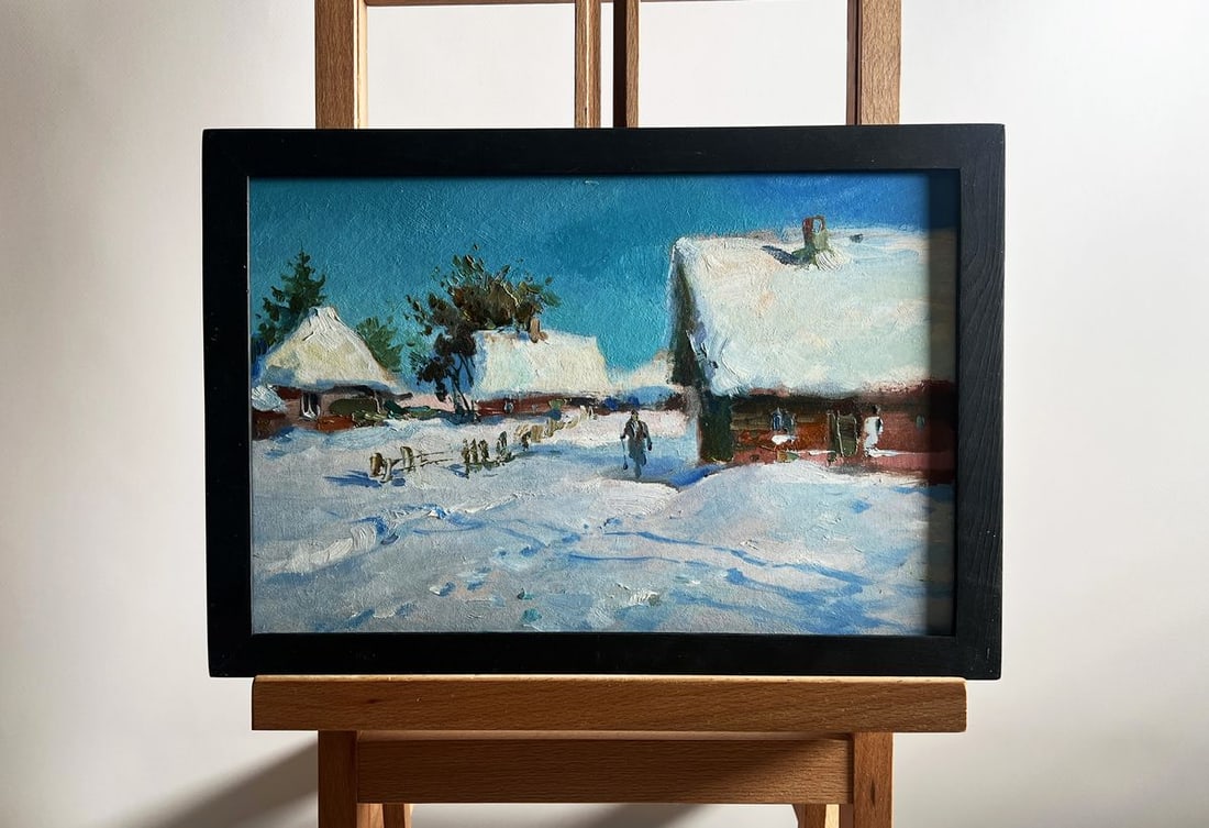 Oil painting Clearing snow from the yard Yuriy Suprunchuk: Title: Oil painting Clearing snow from the yard Yuriy Suprunchuk Description: №AAA4192 This oil painting titled "Clearing Snow from the Yard" portrays a serene rural winter scene with a bright,