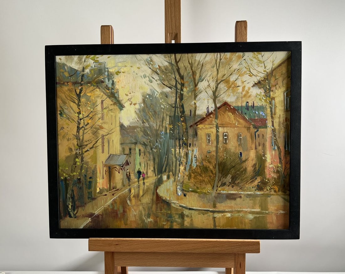 Oil painting Reflections of Autumn Yuriy Suprunchuk: Title: Oil painting Reflections of Autumn Yuriy Suprunchuk Description: №AAA4225 The oil painting "Reflections of Autumn" is a poetic and atmospheric depiction of a quiet city street embraced by