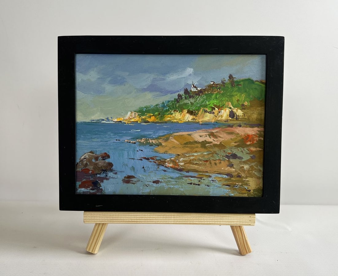 Oil painting Silence at the foot of the mountains Yuriy Suprunchuk: Title: Oil painting Silence at the foot of the mountains Yuriy Suprunchuk Description: №AAA4287 The painting "Silence at the Foot of the Mountains" captures the tranquil beauty of a coastal land