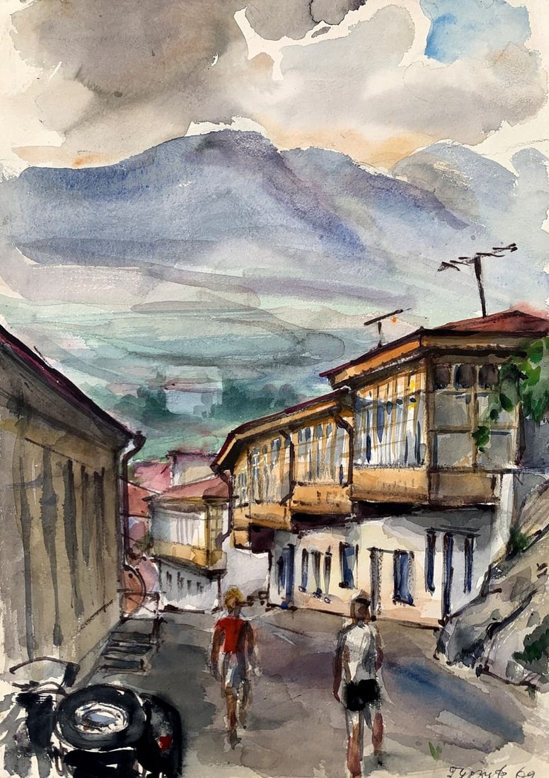 Watercolor painting Busy city street Unknown artist: Title: Watercolor painting Busy city street Unknown artist Description: №AAA3521 The watercolor painting titled "Busy City Street" depicts a quaint urban scene nestled amidst picturesque mountai
