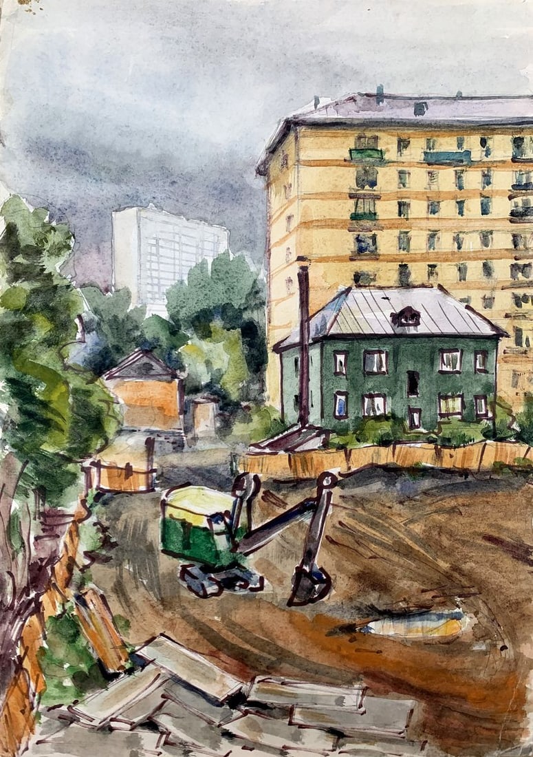 Watercolor painting Construction in the city Unknown artist: Title: Watercolor painting Construction in the city Unknown artist Description: №AAA3527 The watercolor painting titled "Construction in the City" captures the essence of urban transformation an