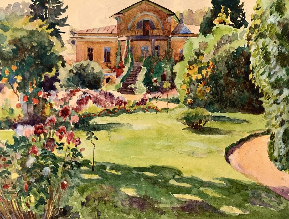 Watercolor painting Penthouse Garden Unknown artist: Title: Watercolor painting Penthouse Garden Unknown artist Description: №AAA3539 The watercolor painting titled "Penthouse Garden" captures the idyllic charm of a lush, vibrant garden surroundin