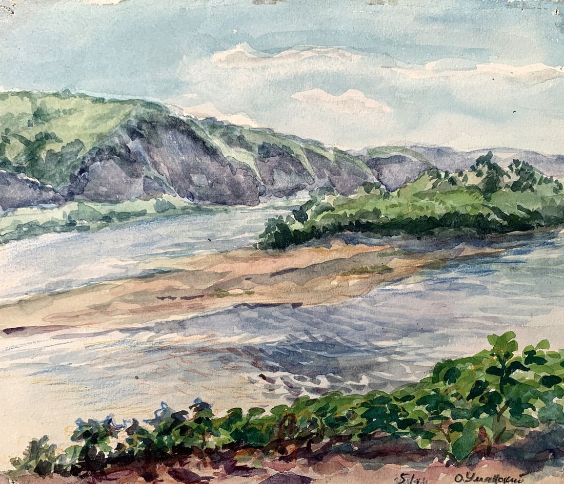 Watercolor painting Mountain stream O. Umansky: Title: Watercolor painting Mountain stream O. Umansky Description: №AAA3543 The watercolor painting titled "Mountain Stream" beautifully depicts the serene and dynamic harmony of nature. Through