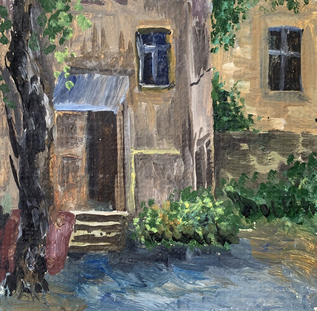Oil painting Yard of a multi storey building Unknown artist: Title: Oil painting Yard of a multi storey building Unknown artist Description: №AAA3544 The painting titled "Yard of a Multi-Storey Building" captures the quiet charm and character of a simple,