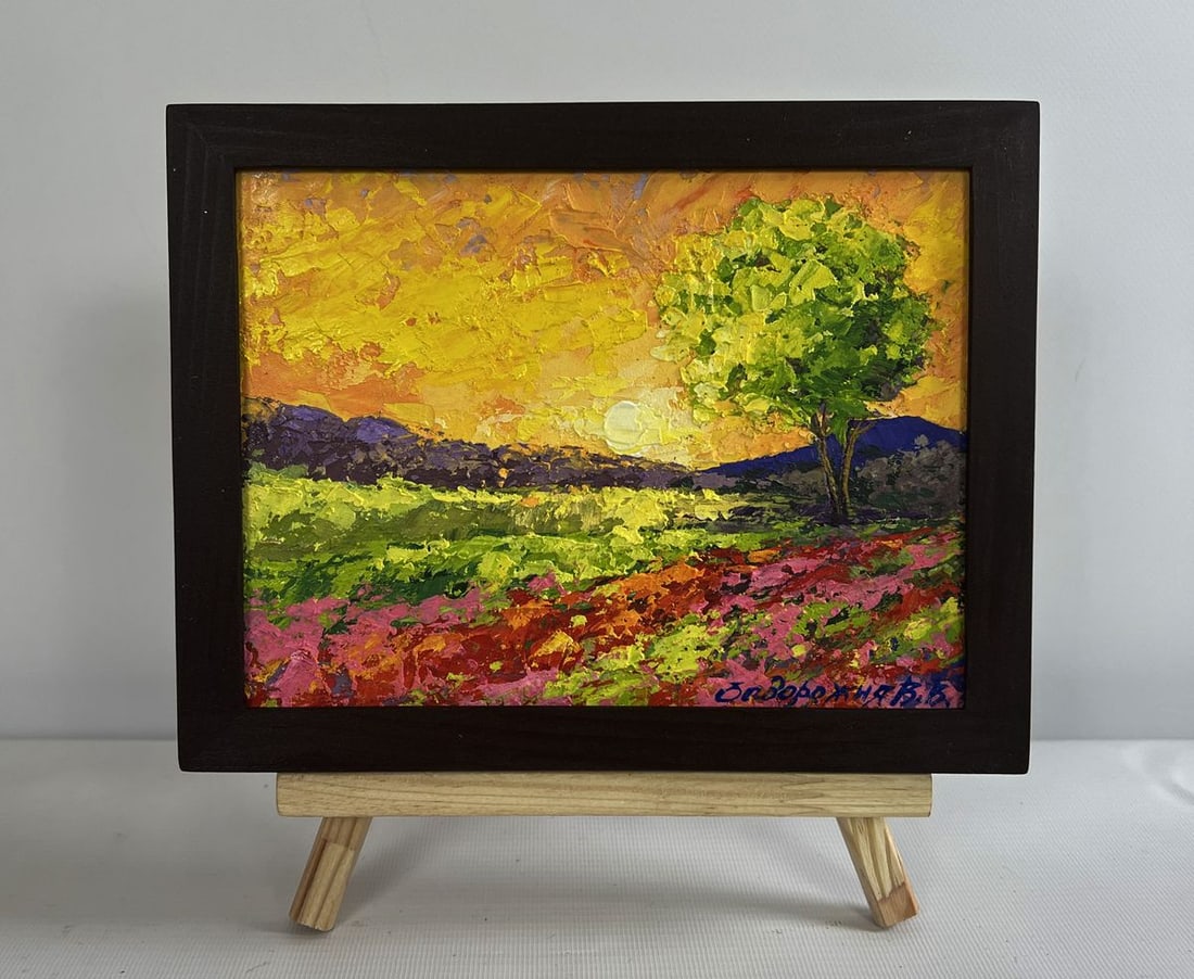 Oil painting Setting sun in the field V. Zadorozhnya: Title: Oil painting Setting sun in the field V. Zadorozhnya Description: №AAA4615 The oil painting on cardboard titled "Setting Sun in the Field" captures the essence of a golden evening as the