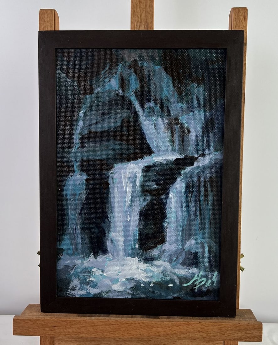 Acrylic painting Mountain waterfall Mykhailo Patskan: Title: Acrylic painting Mountain waterfall Mykhailo Patskan Description: №AAA4911 The acrylic painting on hardboard titled "Mountain Waterfall" captures the raw and captivating beauty of