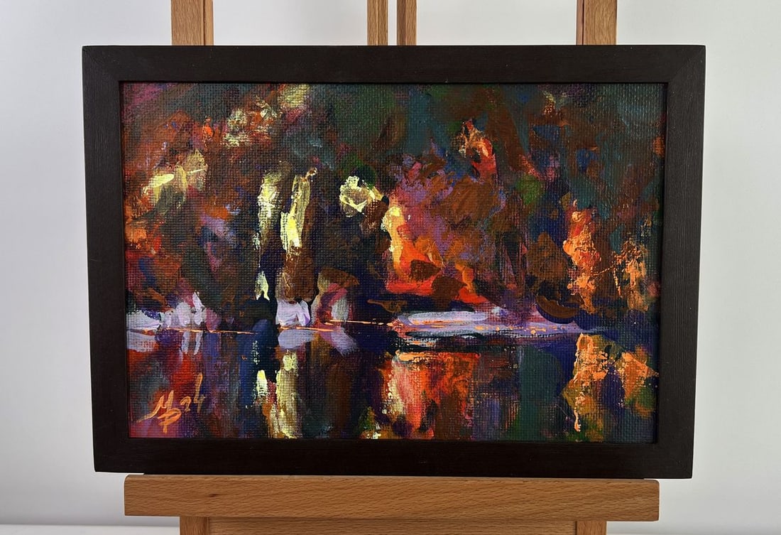 Acrylic painting Autumn colours Mykhailo Patskan: Title: Acrylic painting Autumn colours Mykhailo Patskan Description: №AAA4912 The acrylic painting on cardboard titled "Autumn Colours" is a bold, expressive celebration of the fiery beauty of
