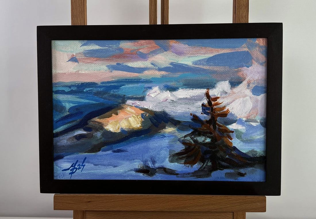 Acrylic painting Rays in the winter mountains Mykhailo Patskan: Title: Acrylic painting Rays in the winter mountains Mykhailo Patskan Description: №AAA4917 The acrylic painting on cardboard titled "Rays in the Winter Mountains" captures a fleeting moment of