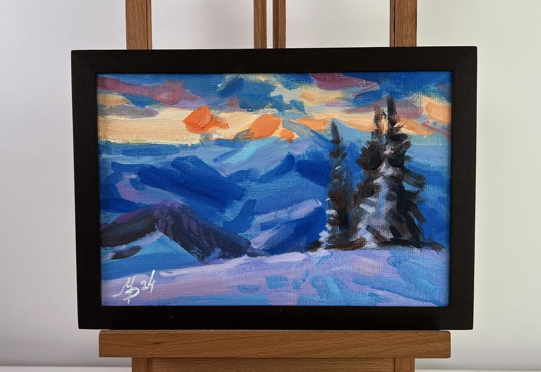 Acrylic painting Winter sun rays Mykhailo Patskan: Title: Acrylic painting Winter sun rays Mykhailo Patskan Description: №AAA4922 The acrylic painting on cardboard titled "Winter Sun Rays" is a luminous ode to the gentle power of sunlight