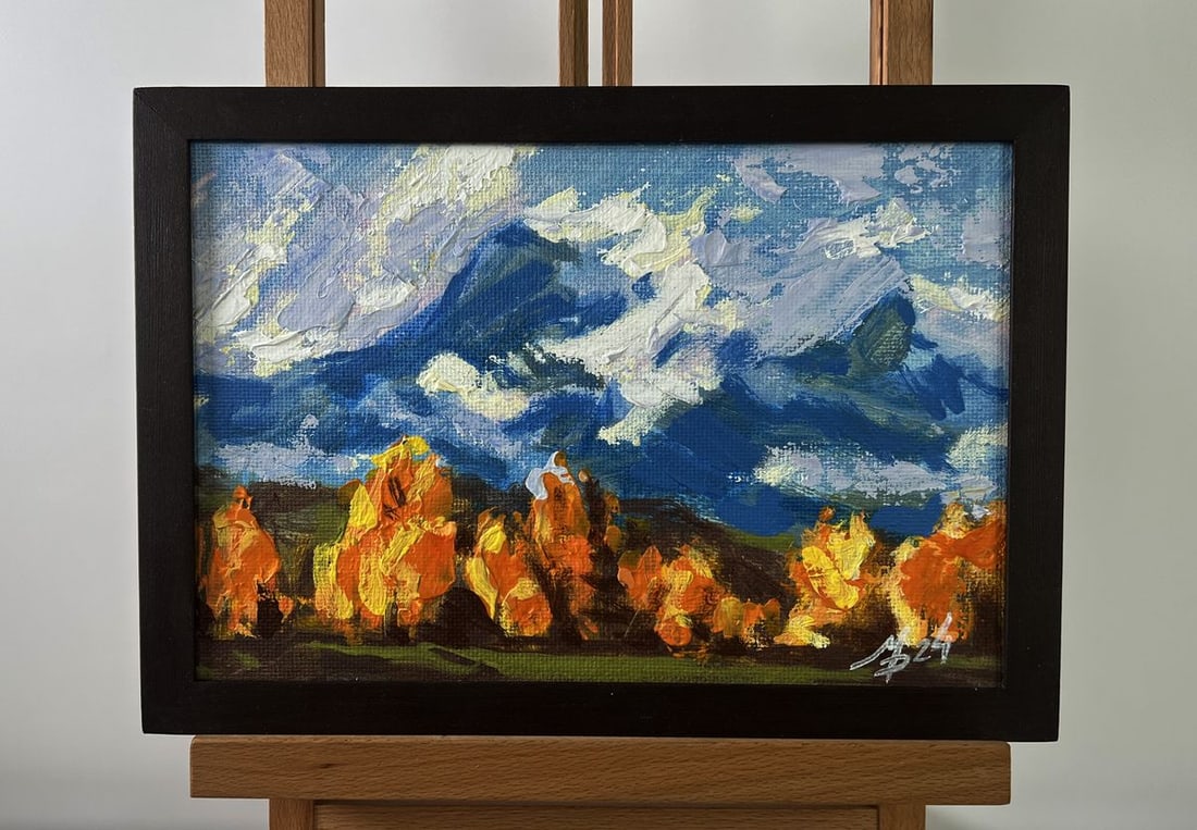 Acrylic painting Autumn has arrived in the mountains Mykhailo Patskan: Title: Acrylic painting Autumn has arrived in the mountains Mykhailo Patskan Description: №AAA4933 The acrylic painting on cardboard titled "Autumn has arrived in the mountains" beautifully