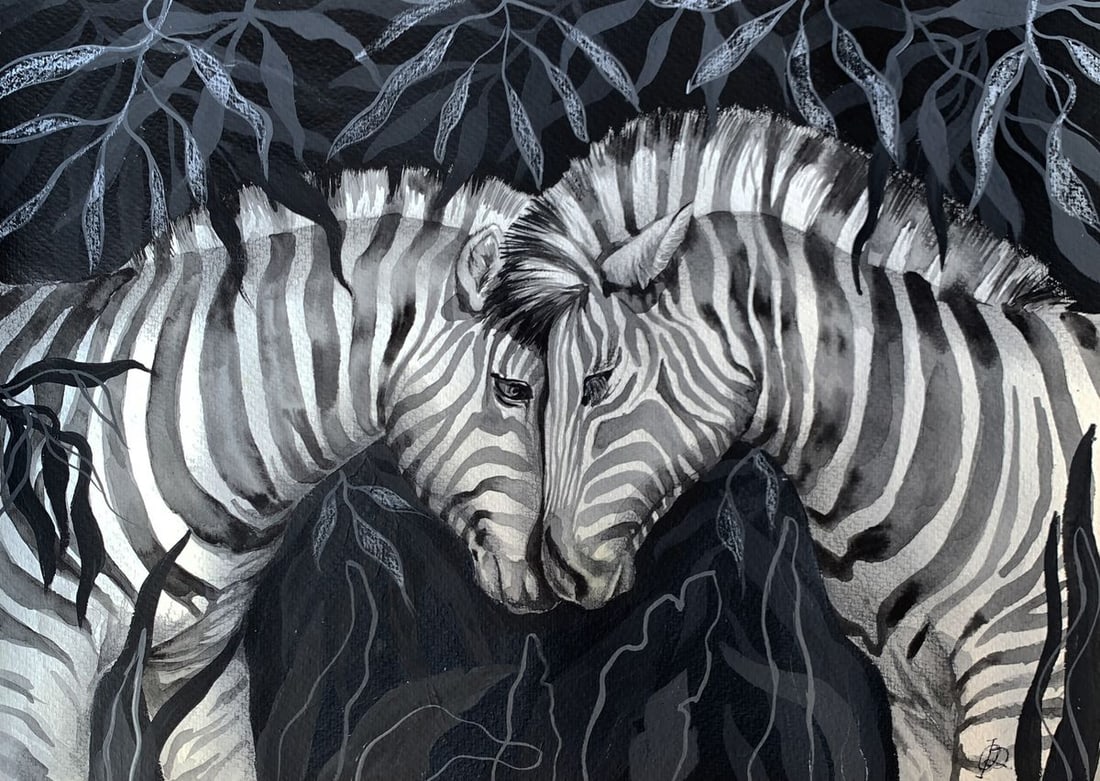 Watercolor painting Meeting of two zebras Olga Ponomaryva: Title: Watercolor painting Meeting of two zebras Olga Ponomaryva Description: №AAA3453 The painting "Meeting of Two Zebras" is a striking composition rendered in watercolor, acrylic, and pencil