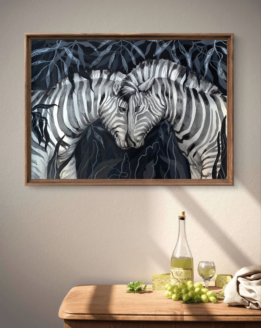 Watercolor painting Meeting of two zebras Olga Ponomaryva - 2