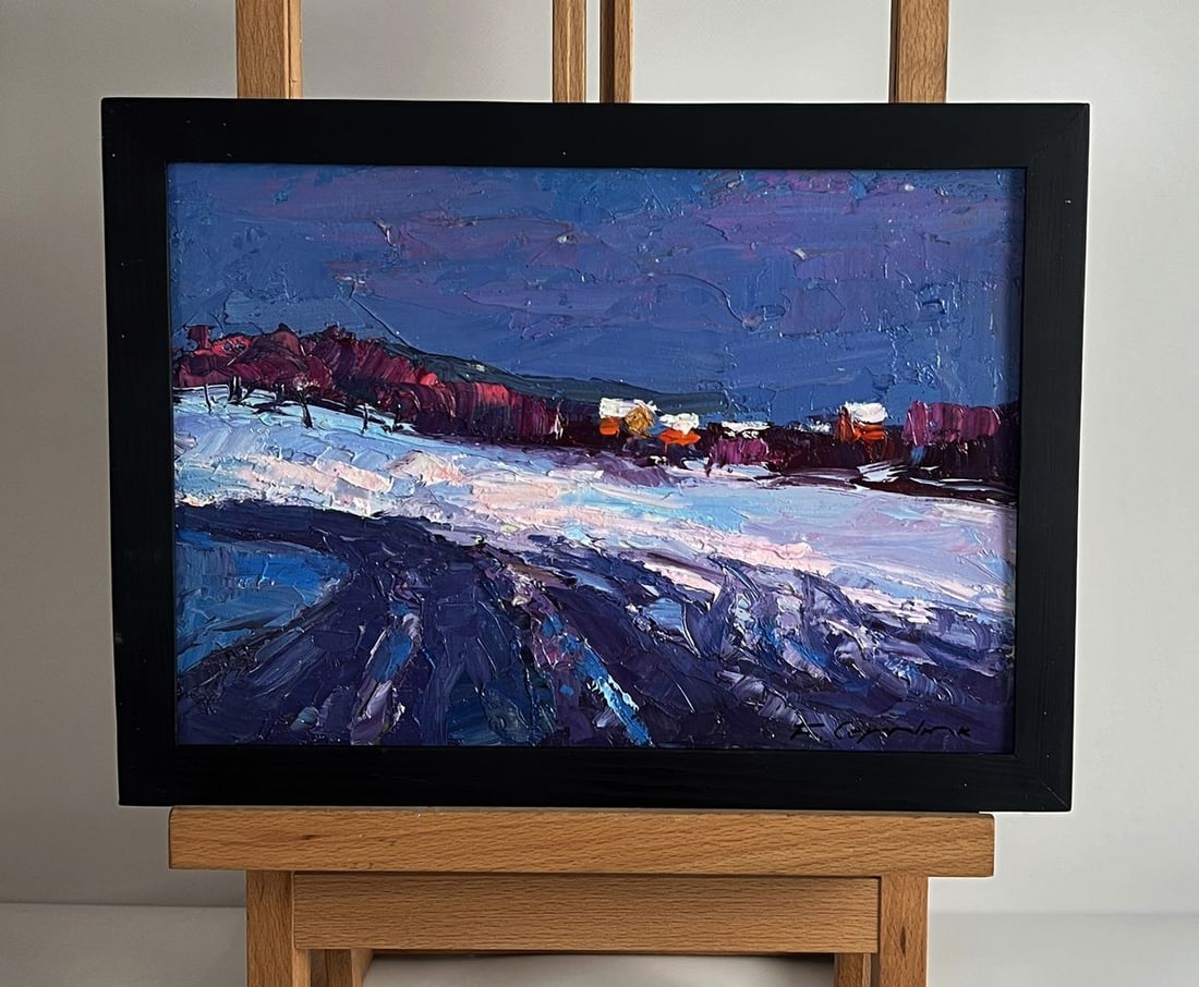 Oil painting Winter evening Boris Serdyuk: Title: Oil painting Winter evening Boris Serdyuk Description: №AAA6035 Oil painting Winter evening Boris Serdyuk captures the quiet beauty of a snowy landscape wrapped in deep twilight colors.