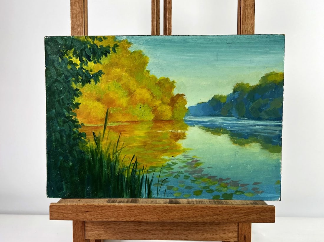 Oil painting Autumn landscape Mykhailo Burdylo: Title: Oil painting Autumn landscape Mykhailo Burdylo Description: №AAA5042 The oil painting on Hardboard titled "Autumn Landscape" captures the serene and reflective beauty of a tranquil river