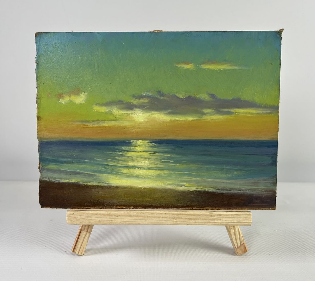 Oil painting Quiet sunset on the seashore Mykhailo Burdylo: Title: Oil painting Quiet sunset on the seashore Mykhailo Burdylo Description: №AAA5045 The oil painting on Hardboard titled "Quiet sunset on the seashore" captures a serene and tranquil moment