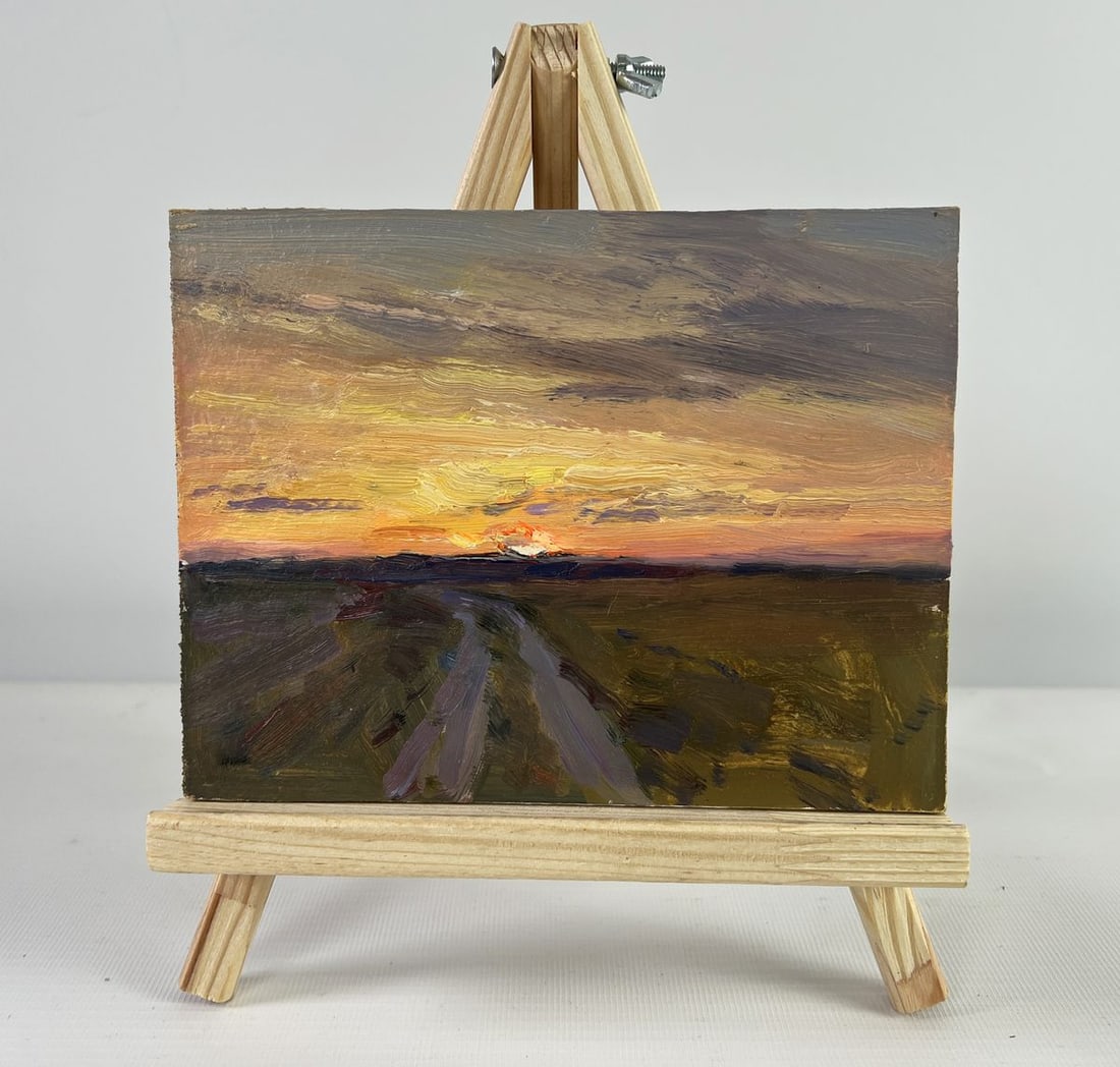 Oil painting Long road at sunset Sergey Polyakov: Title: Oil painting Long road at sunset Sergey Polyakov Description: №AAA5052 The oil painting on Cardboard titled "Long Road at Sunset" captures the fleeting beauty of a day's end with expressi