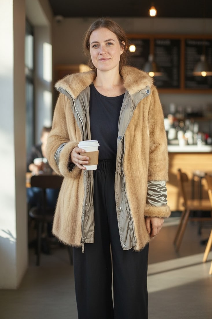 REVERSIBLE CREAM MINK FUR JACKET EU: L - US:18: Title: REVERSIBLE CREAM MINK FUR JACKET EU: L - US:18 Description: Approximate size- EU: L; US: 18 : Important details: Length: 85cm/33.46in -Shoulders width:48cm/18.9in -Sleeve Length:64cm/25.2in