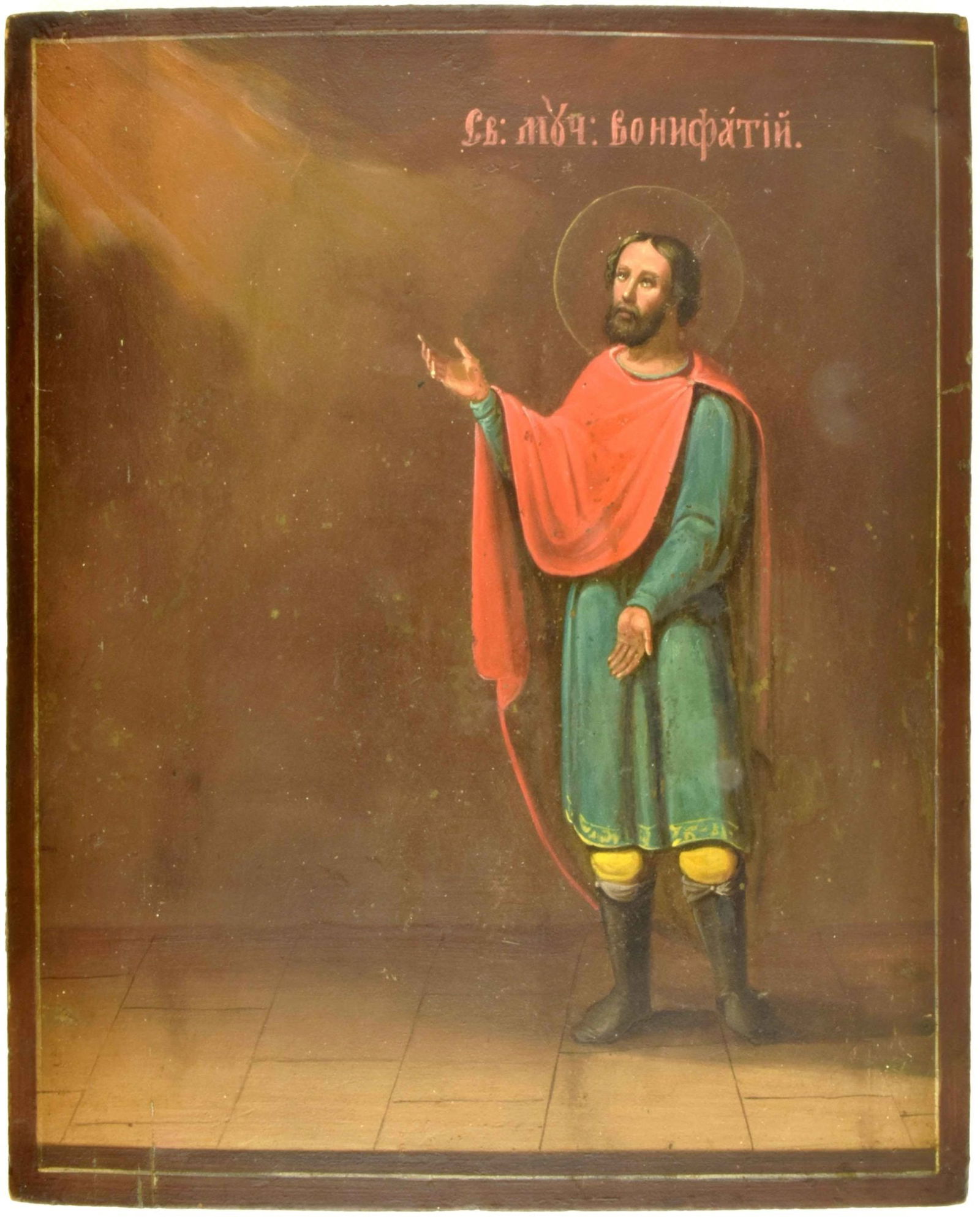 Saint Martyr Boniface: Description: Saint Martyr Boniface. Patron against drunkenness. Russian wooden icon. Details: Dimensions 23 × 29.2 cm Century 19 Reserve: $50.00 Shipping: Domestic: Flat-rate of $600.00 to a