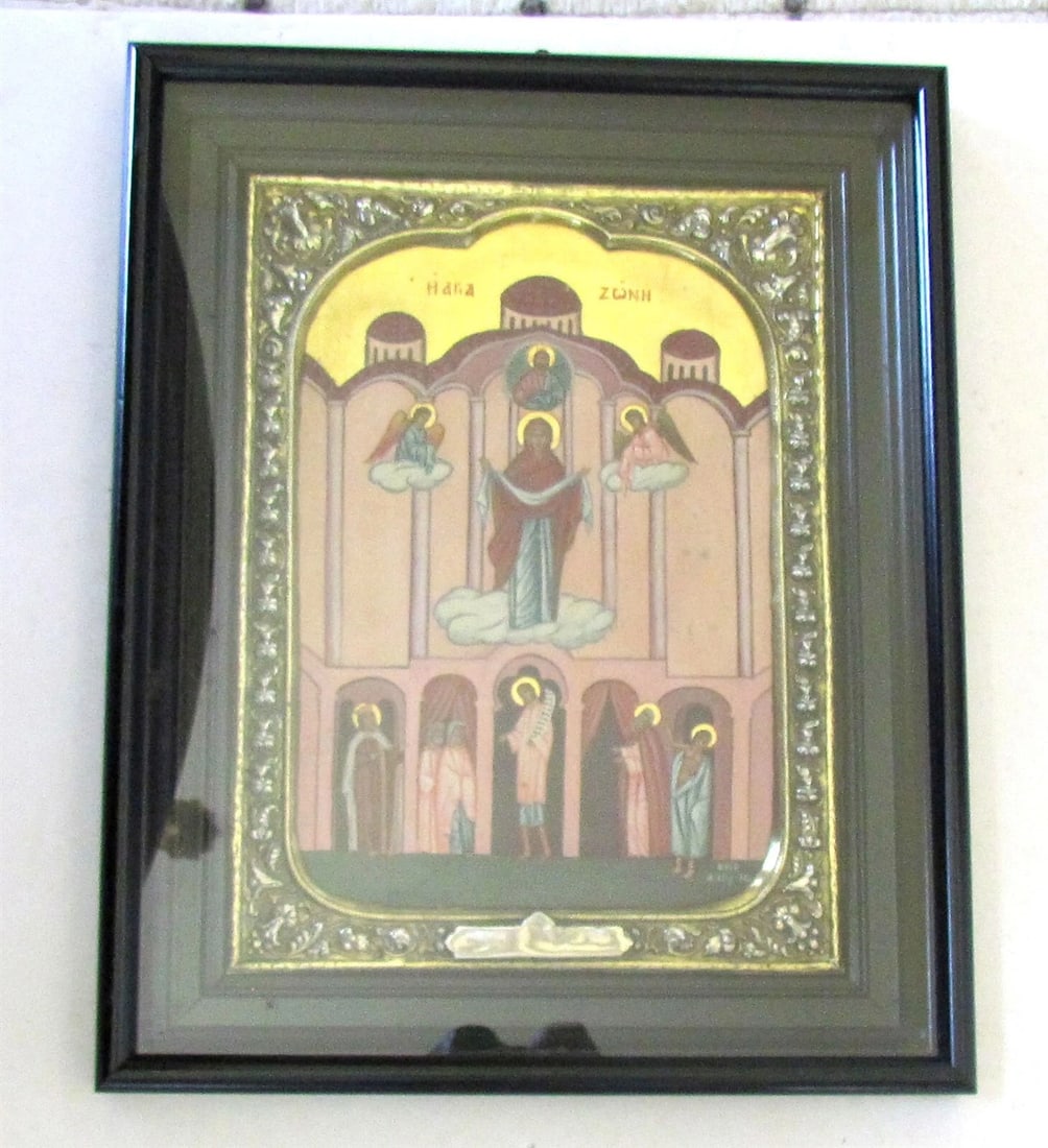 GREEK ORTHODOX SILVER BASMA ICON THEOTOKOS INTERCESSION marked 950 HAND PAINTED - 3