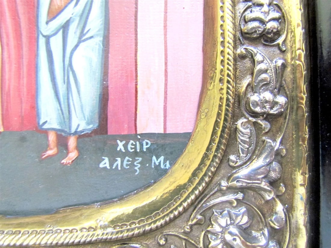 GREEK ORTHODOX SILVER BASMA ICON THEOTOKOS INTERCESSION marked 950 HAND PAINTED - 6