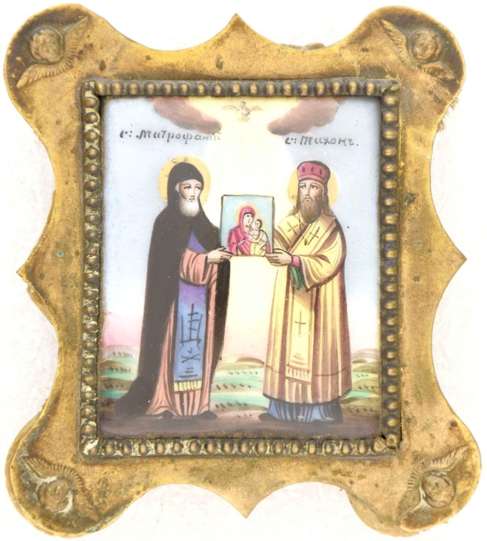 Finift. Saint Tikhon of Zadonsk and Saint Mitrofan Voronejskiy: Description: Finift. Saint Tikhon of Zadonsk and Saint Mitrofan Voronejskiy.Details: Dimensions 6.5 × 7 cm Century 19 Reserve: $50.00 Shipping:Domestic: Flat-rate of $500.00 to anywhere