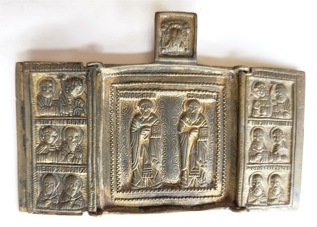 RUSSIAN BRONZE TRAVELER'S ICON TRYPTICH of SELECTED SAINTS antique 18 century (1 of 4)