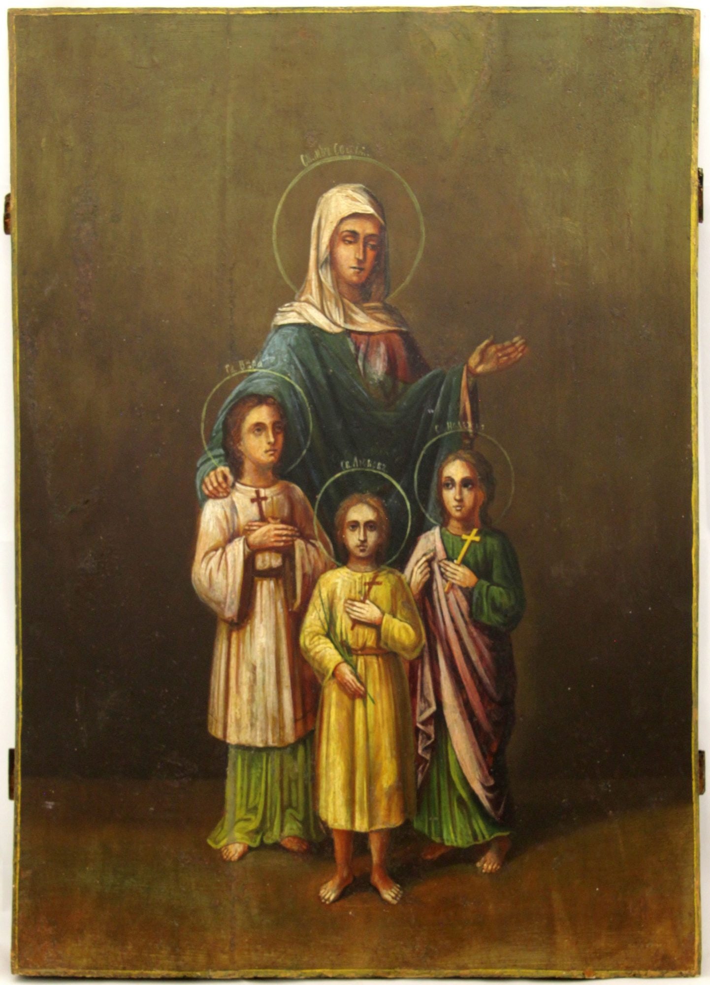 Saint Sophia with three daughters – saints Faith, Hope and Love: Description: Saint Sophia with three daughters – saints Faith, Hope and Love. Large russian wooden icon.Details: Dimensions 34.5 × 48.5 cm Century circa 1900 Reserve: $50.00 