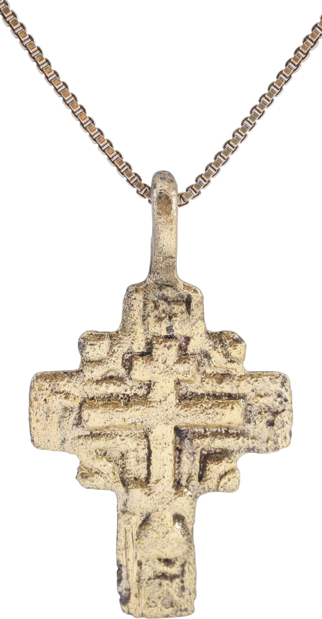 FINE EASTERN EUROPEAN CROSS, 18TH CENTURY: Ukrainian, or Russian. Gilt bronze, just over 1 1/8” (1.18”) total height. Broad cross , the terminals with cipher in fill. A vacant cross with charges and foot rest, centered. The reverse