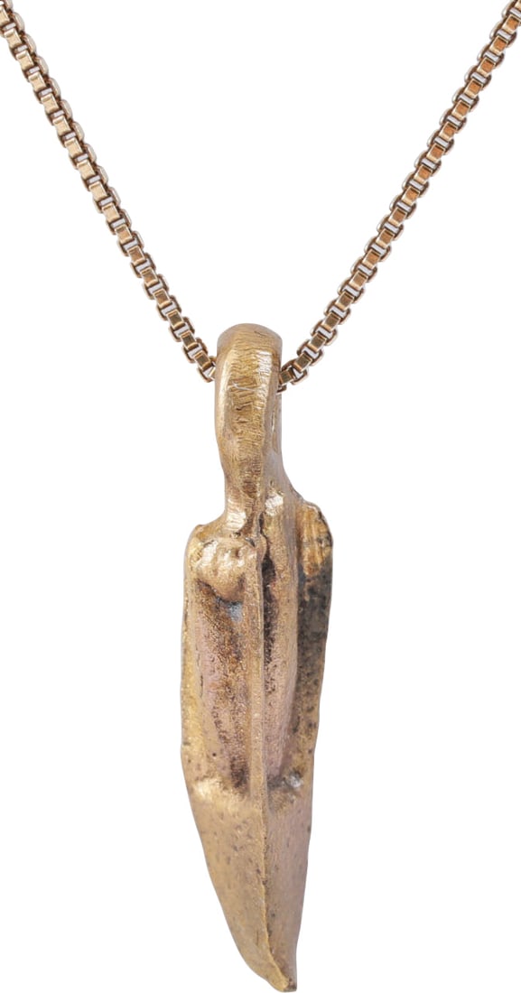 FINE ANCIENT GREEK ARROWHEAD PENDANT NECKLACE: Bronze, just under ¾”(0.74”) in length plus the loop. Well made with tapered triangular socket triple raised veins. The crisp condition with the point gracefully bent from an impact i