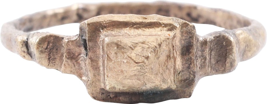 FINE ROMAN PROSTITUTE’S RING, 1st-3rd CENTURY AD, JEWELRY SIZE 8: Prostitutes in the Roman Empire were young and often slaves. They wore these distinctive rings to be easily recognized in the streets. Size 8. 1.7mm rounded band, stepped at the shoulders and topped w