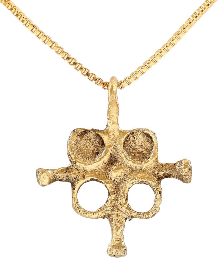 FRENCH QUATRAFOIL PENDANT C.1500.: Gilt bronze. Classic form based on a crutched or Crusader's cross with circles at the quarters. The top two filled and the bottom two pierced. Over 3/4" (0.81”) height. Professionally refurbishe