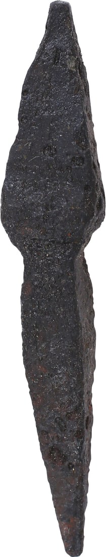 GERMAN CROSSBOW BOLT, EARLY 14TH CENTURY: Recovered at Konigstein Castle, Hesse, Germany, between Frankfurt and Wiesbaden. Iron, just under 2 3/4" length with diamond section point and tapered tang. Professionally conserved excavated conditio