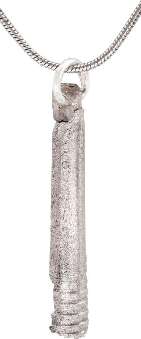 VIKING TUBULAR BEAD/PENDANT, 866-1067 AD: Danelaw England. Silvered bronze, about 1 3/3" (1.35”) of elongated conical form with butted seam, 7 decorative rings to the base and pierced terminal with its original suspension ring. These