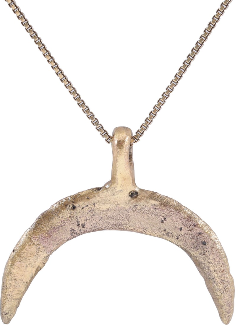 VIKING LUNAR PENDANT NECKLACE, C.900-1000 AD: Good example, just under 1” (0.96”) total height. As expert navigators, the constellations signified mystery and power to Vikings. The Moon was personified as Mani, brother to Sol the Sun,