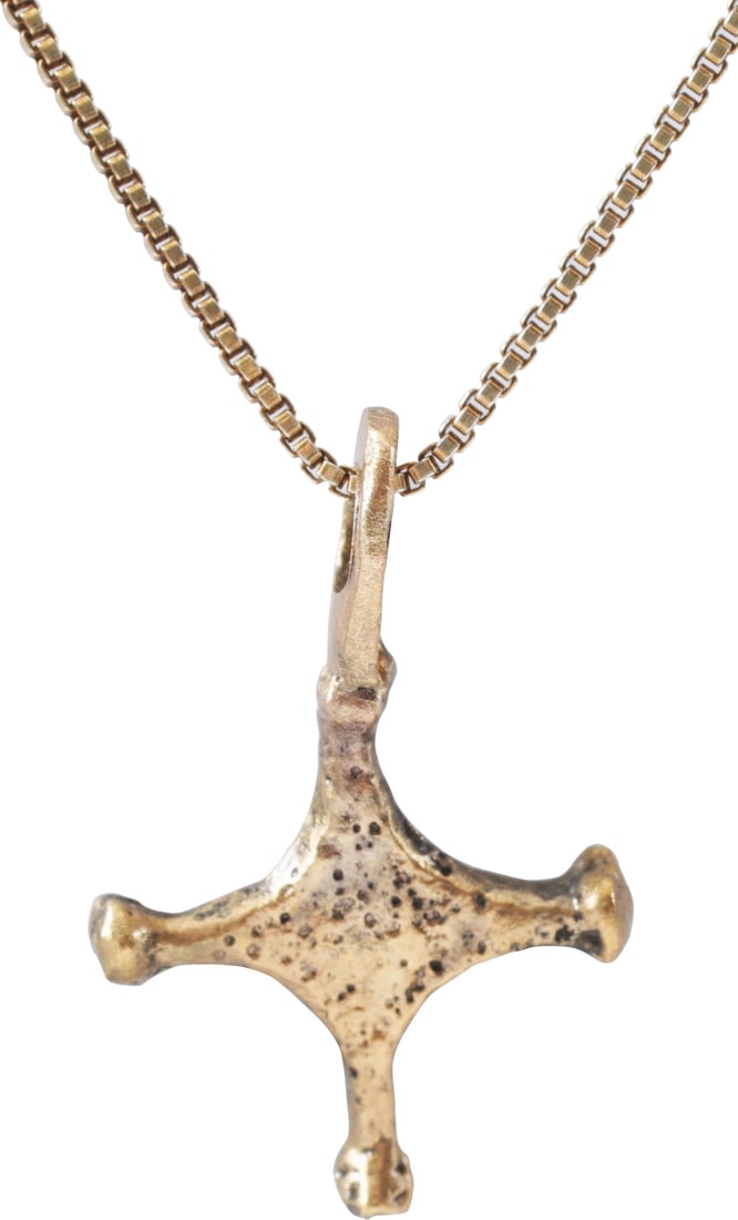 RARE MEDIEVAL CHRISTIAN CROSS NECKLACE C.800-1000 AD.: Carolingian, the period of Charlemagne. The emergence from the Dark Ages is embodied in the rise to power of the Frankish King, Charlemagne in 768 (founder of the Holy Roman Empire after 800)