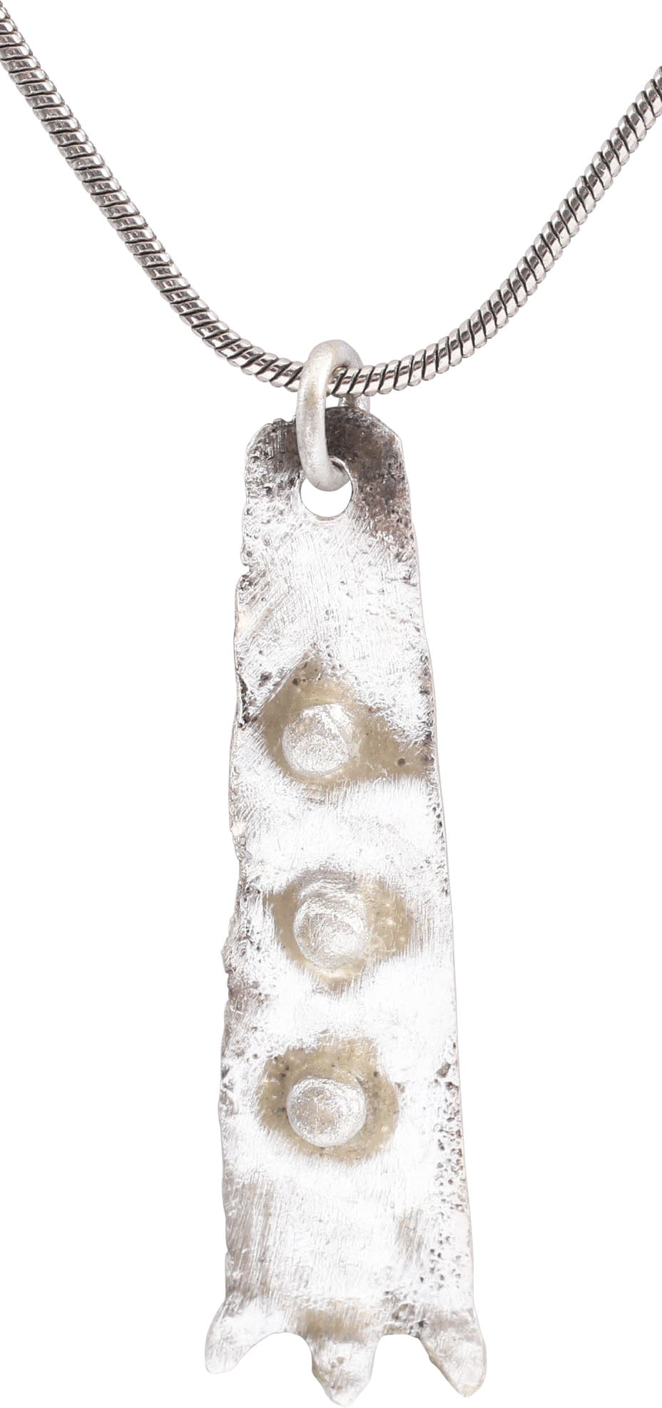 VIKING SORCERESS’S AMULET, 9TH-11TH CENTURY AD: About 1 3/8" (1.47”) height. Silvered bronze, shaped as a duck's foot with three toes and raised detail above top simulating scaly skin. A burial at Viden, Denmark contained the body of a woman