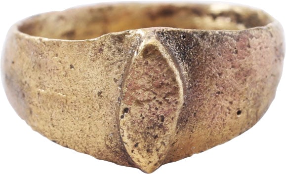 ENGLISH CHILD'S RING, 15th-16th C., SZ 1 ¾: Small child size 1 3/4. Gilt bronze with narrow band, 2.6mm, flared at the shoulders. Raised transverse lenticular bezel. See Ancient Rings, Pollio, p.126. Professionally refurbished with the gold