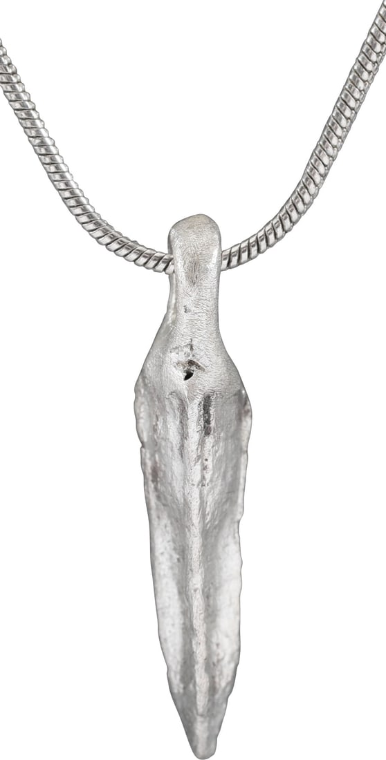 ROMAN ARROWHEAD PENDANT, 3rd-5th CENTURY AD: 3rd-5th Century AD, the period of the fall of Rome and loss of power to Germanic Barbarians. Over 3/4" (0.83”)length plus the suspension loop. Crisp with light texture from burial. Usually lost