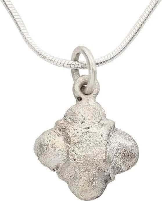 ANCIENT ROMAN QUATREFOIL NECKLACE 1st-2nd C.AD: Silvered bronze. Over 5/8” in height, shaped as a quatrefoil or four high relief spheres joined with a central block and banding. Made by the open-face mold technique. Professionally refurbished