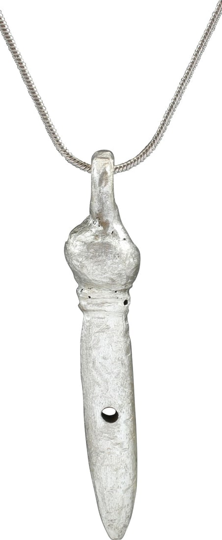 ROMAN GLADIUS PENDANT NECKLACE, 1ST-3RD CENTURY AD.: The period of Christ, and the persecution of Christians. Just over 2" (2.06”) in length including the suspension loop. Finely delineated hilt with a bulbous pommel, waisted grip, and flared cros
