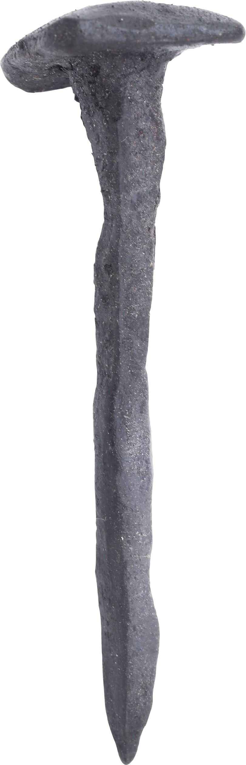ROMAN “CRUCIFIXION” NAIL, 1ST-2ND CENTURY AD: Forged iron, just over 2 1/2” (2.54”) length with an overbroad square head and thin spike. Archeological evidence indicates that common nails were used for crucifixions. However,
