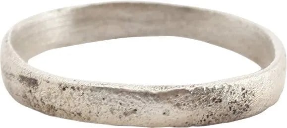 VIKING WEDDING RING SZ 4 1/2: Late 9th-early 11th. Gilt bronze, size 4 ½ for the small finger as was the custom. 2.9mm width band with low rounded face. Surface textured from burial. Professionally refurbished with the