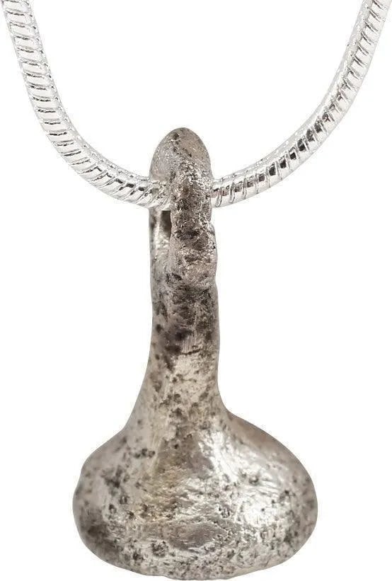 CELTIC VOTIVE BELL NECKLACE 7th-5th CENT BC: Silvered bronze, about 5/8" height. Intricately cast by the lost wax process. The larger form is generally acknowledged as exchange objects (money) and frequently is encountered with pieces chipped