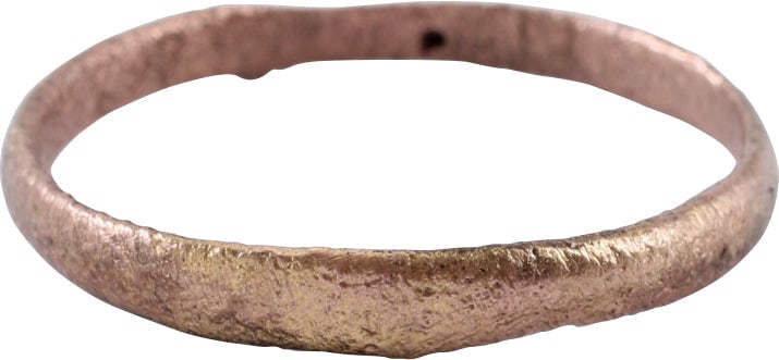 VIKING WEDDING RING 950-1050 AD SZ 6 1/4: Tapered, 2.0-2.6mm, low rounded section, large size 6 1/4 for a woman. The surface is textured from burial. Professionally refurbished with the 24karat gold surface restored. See the reference image w