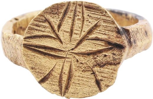 ENGLISH CHILD'S RING, 15th-16th C., UNDER SZ ½: Infant size, under size 1. Gilt bronze with narrow band flared at the shoulders. Circular bezel with foliate cross and saltire motif. See Ancient Rings, Pollio, p.30. Professionally refurbished with