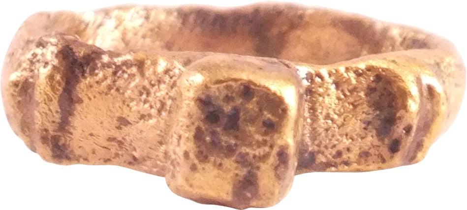 ROMAN PROSTITUTE’S RING, 2ND-5TH CENTURY AD, SIZE 3+: Gilt bronze, over size 3. Ridge band, 3.8 mm width with the usual Roman thickened bottom. The shoulders with raised lugs identified as Guiraud type 3, sub d. See Ancient Rings, Pollio, p.62. The bezel
